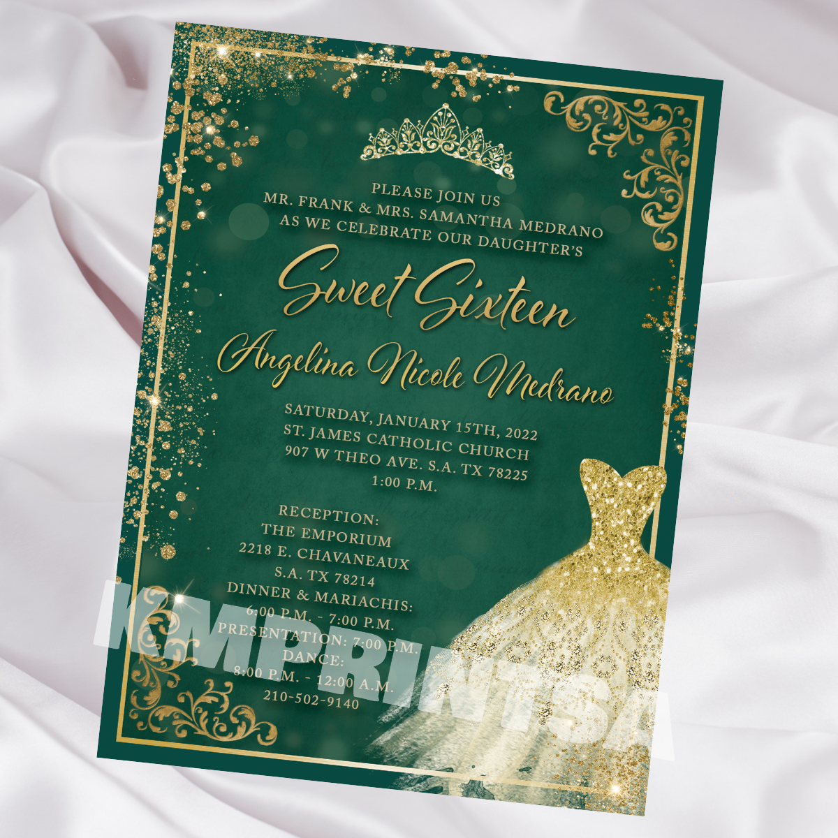 Emerald Green & Gold With Dress Invitations 5 x 7 Cardstock – KMPrintSA