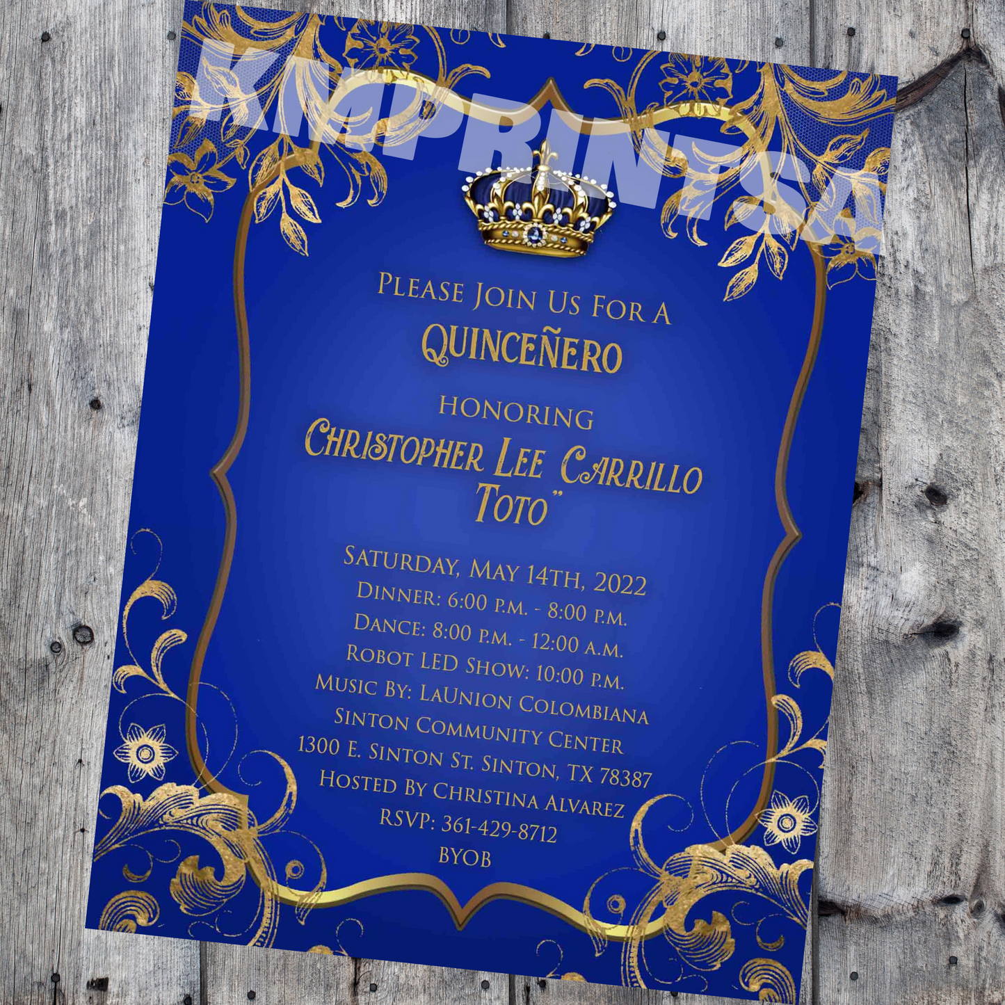 Blue & Gold Royalty Theme Invitations 5 x 7 Cardstock 100#